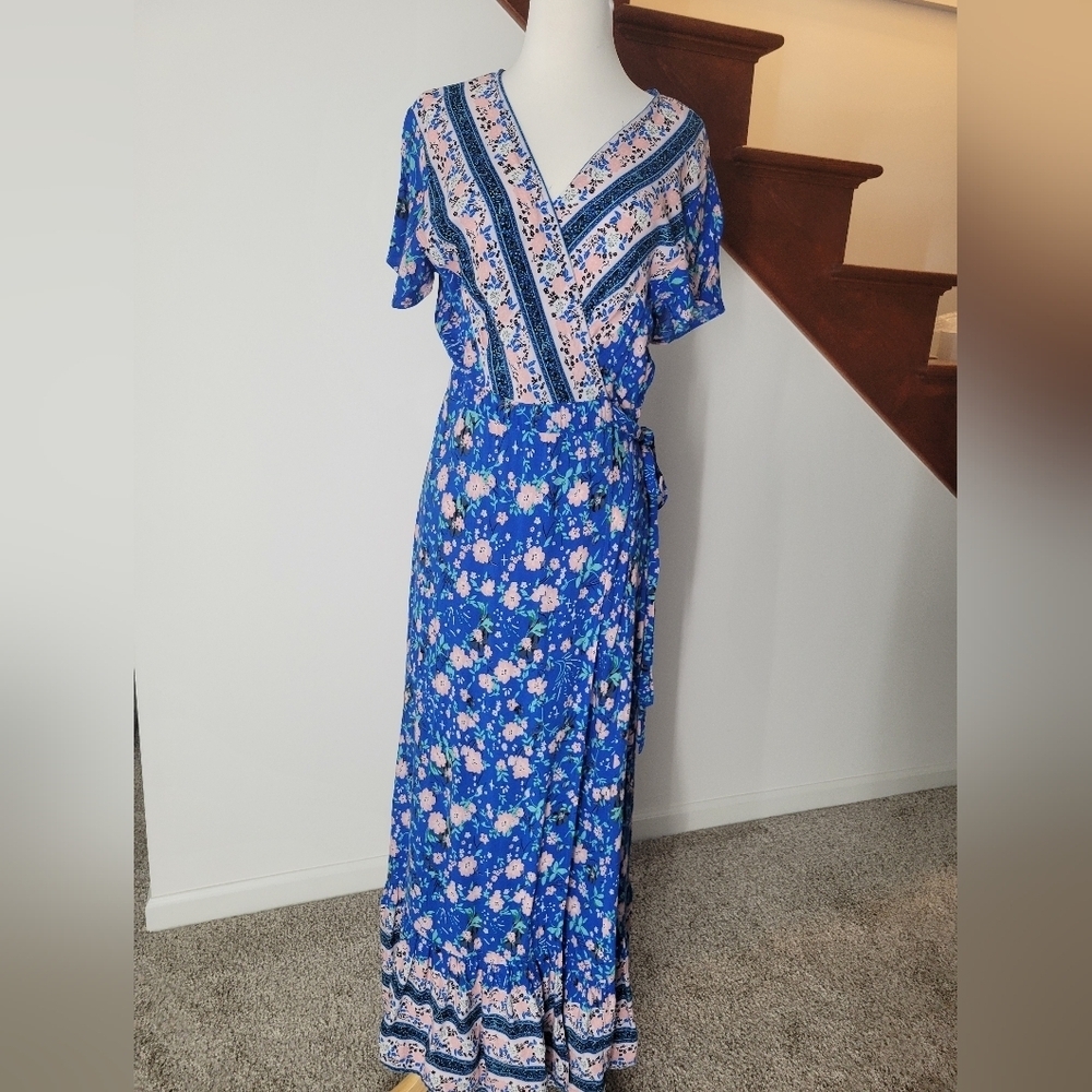 Zesica Boho Style Wrap‎ Maxi Dess in Blue & Floral Print Size Large - Picture 4 of 5